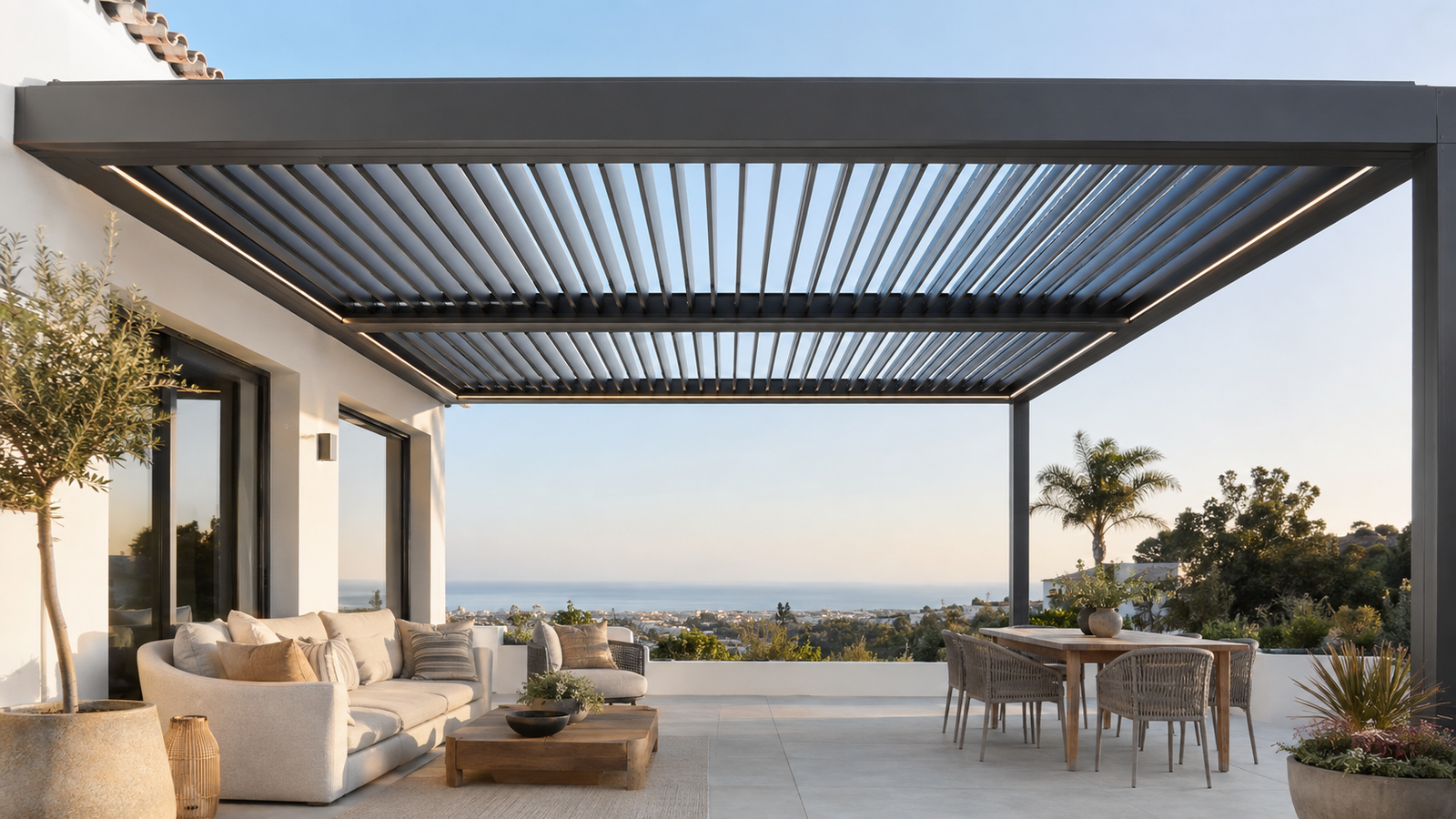 Pérgola bioclimática de aluminio con lamas orientables en una terraza mediterránea, creando sombra arquitectónica junto a la vivienda